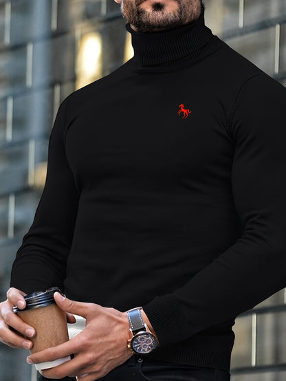 Men'S High-Neck Knitted Sweater | Slim Fit Pullover with Embroidered Spurs Design, Soft and Comfortable, Rayon Fabric, Fall/Winter Collection