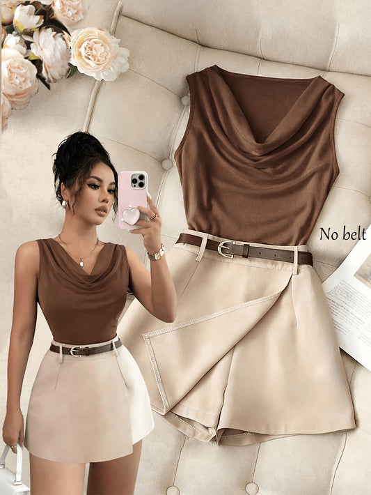 Women's Elegant Sleeveless Brown Vest & Apricot Shorts Set
