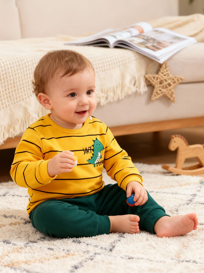 Boys' Winter Dinosaur Sweatsuit Set - Striped Long Sleeve Cotton Outfi