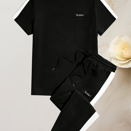 Men's Summer Casual Sportswear Set: Round Neck T-Shirt and Drawstring Pants, Fashionable Spliced Jacquard Breathable Quick-Dry Top and Bottom Outfit