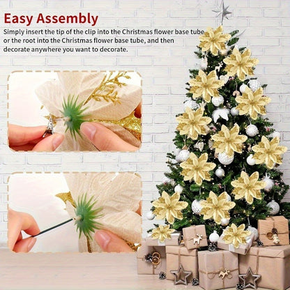 60 Shiny Flower Clips - 5.5-Inch Large Decorative Set, Suitable for Christmas, Weddings, New Year & Family Gatherings - Includes 30 Flowers & 30 Clips, Easy To Hang, Best For Christmas