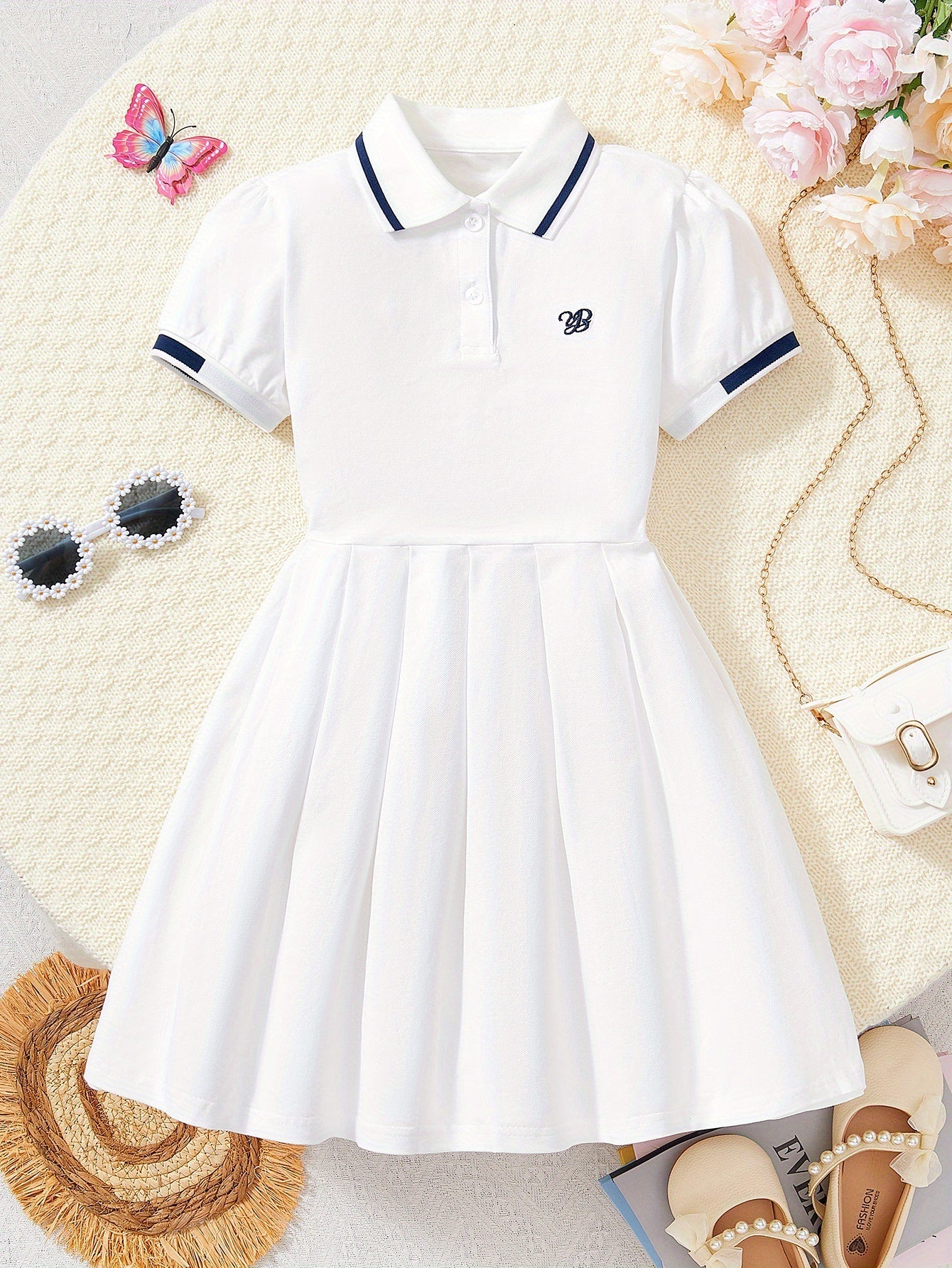 Girls' Summer Preppy Cotton Blend Pleated A-Line Dress