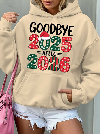 Women'S Hoodie - Goodbye 2025 Hello 2026 Sweatshirt with Christmas Countdown Design, Beige Pullover Hoodie, Front Pocket for Fall/Winter, Cozy Long Sleeve Sweater for New Year'S Eve & Everyday Winter Outfits - Perfect Gift fo