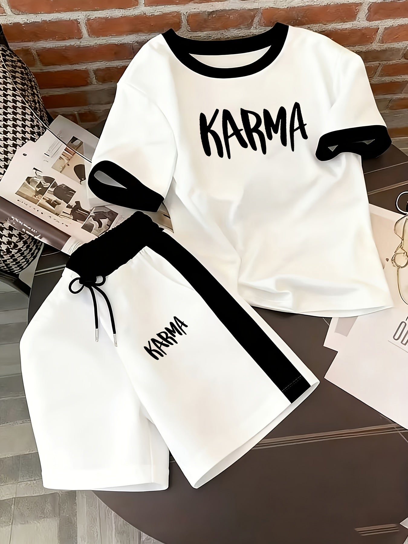 KARMA Summer Casual Set: Color-Block Top & Drawstring Shorts
