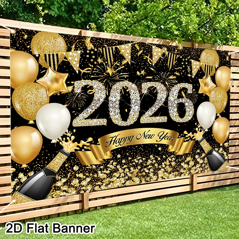 2D Flat, 1pc 2026 Happy New Year Party Backdrop Banner - 80x120cm Polyester Champagne & Cityscape Design, Golden & Purple Fireworks, Festive New Year'S Eve Decor for Home, No Electricity Needed, New Year Decorations, Flag For