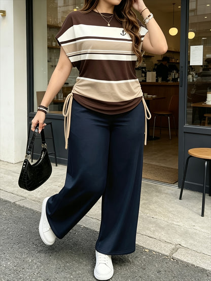 Women's Casual Two-Piece Set with Striped Bow Drawstring