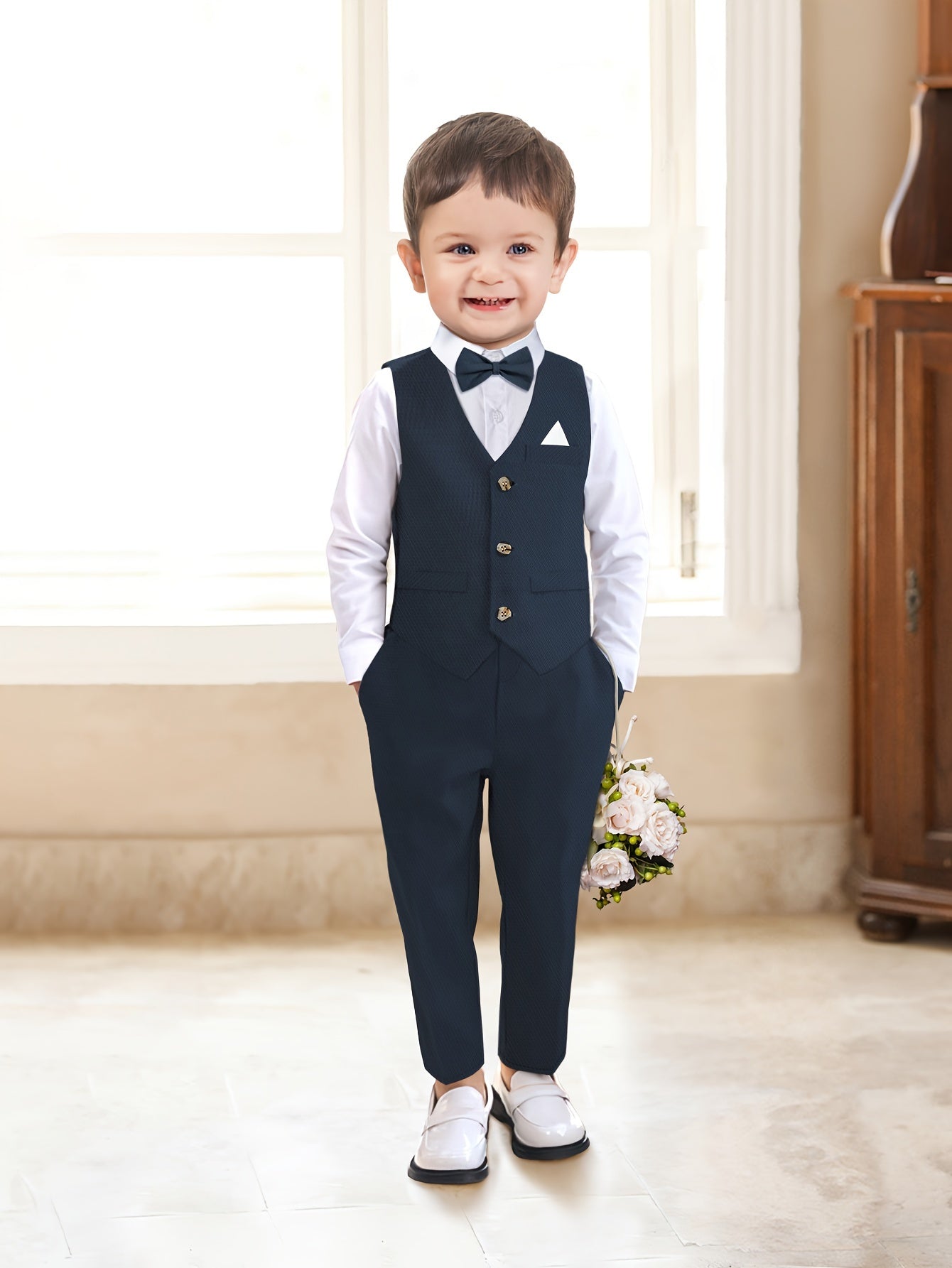 Boys' Classic 4-Piece Suit Set with Vest and Bow Tie