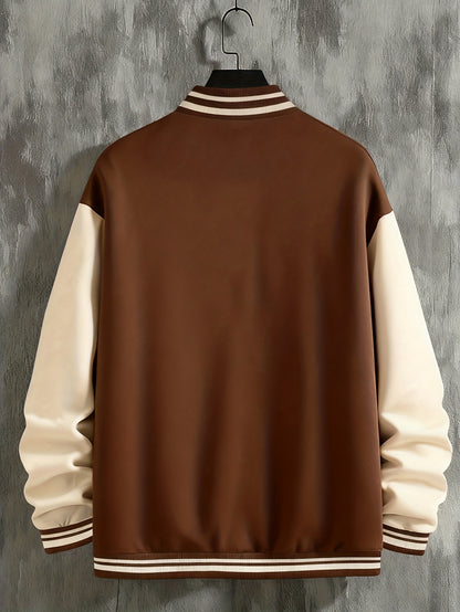 Men'S Baseball Jacket with Letter B Lettering - Navy & Golden Accent Casual Streetwear, Button-Front Closure, Regular Fit Fall/Winter Outerwear, Baseball Jacket