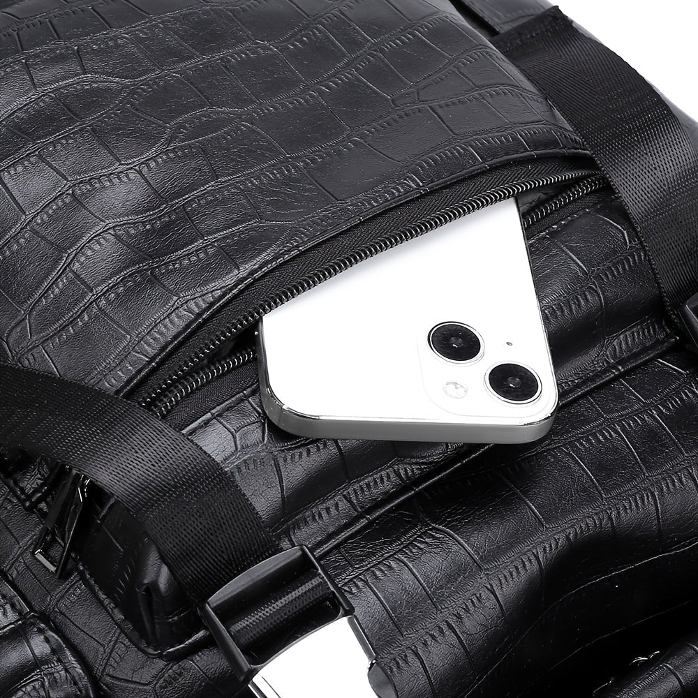 Unisex Backpack with Crocodile Texture, Large Capacity, Anti-Theft, Multi-Compartment, Fits 14-inch Laptop, Casual Travel  Business Commute, Minimalist Style, No Battery - Black