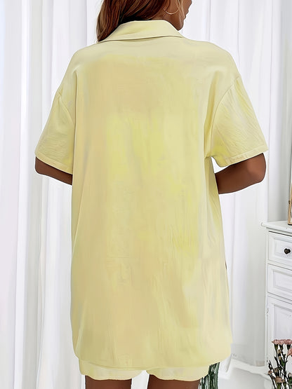 Women's Casual Two-Piece Set: Button-Up Shirt & Drawstring Shorts