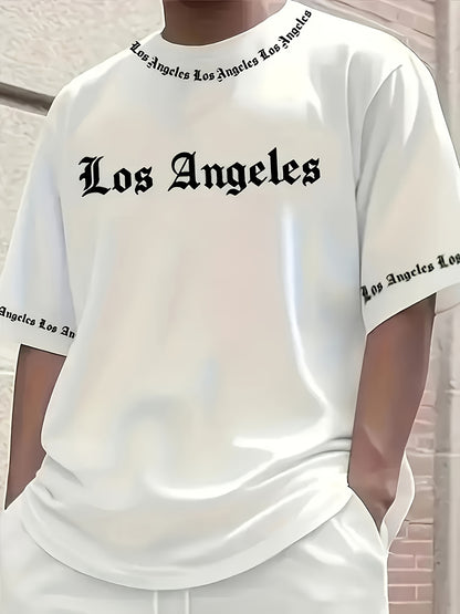 Los Angeles English Pattern Men's Short Sleeve Shirt + Casual Sport Set, Breathable Soft Summer Outfit with Pocketed Shirt and Drawstring Shorts