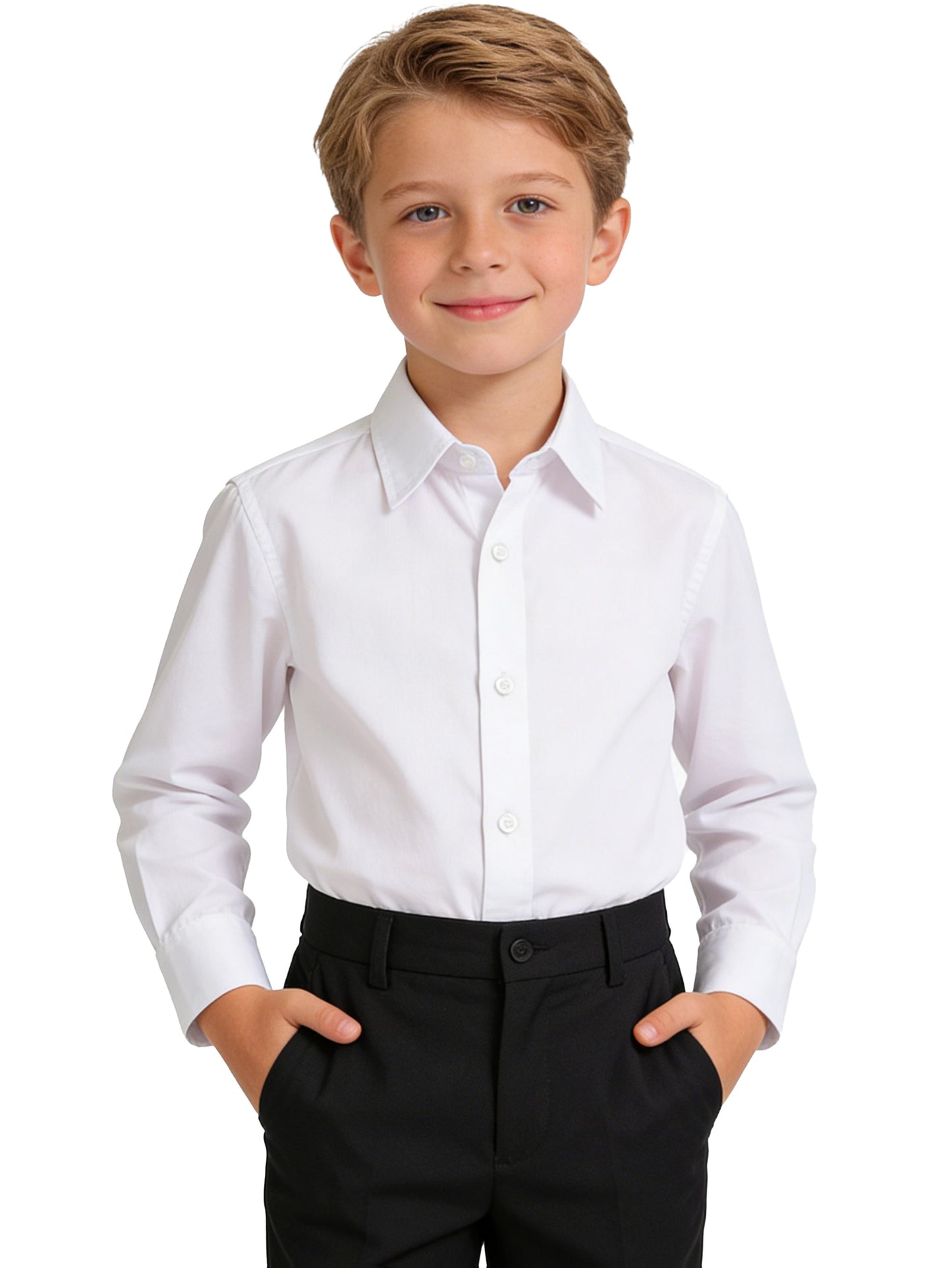 Boys' Long Sleeve White Formal Shirt, Casual Lapel Collar