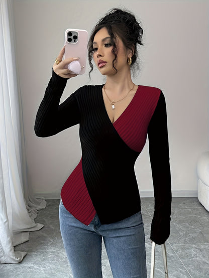 Women'S Elegant Color Block Long Sleeve T-Shirt - V-Neck, Slim Fit, & Pink, Comfortable & Stylish for Spring/Fall, Versatile Casual or Dressy Outfits, Versatile Fashion | Vneck Top | Construction, Ladies T Shirts