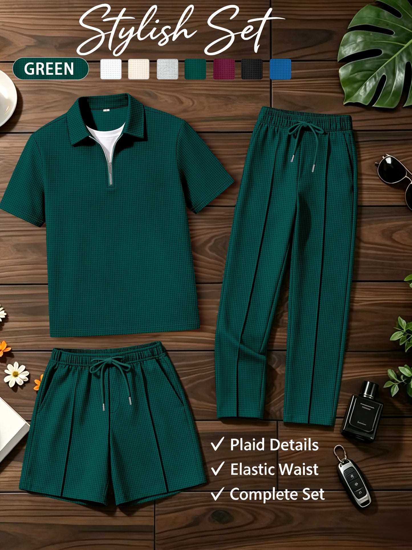 Men's Waffle Knit Quarter-Zip Polo & Drawstring Pants Set