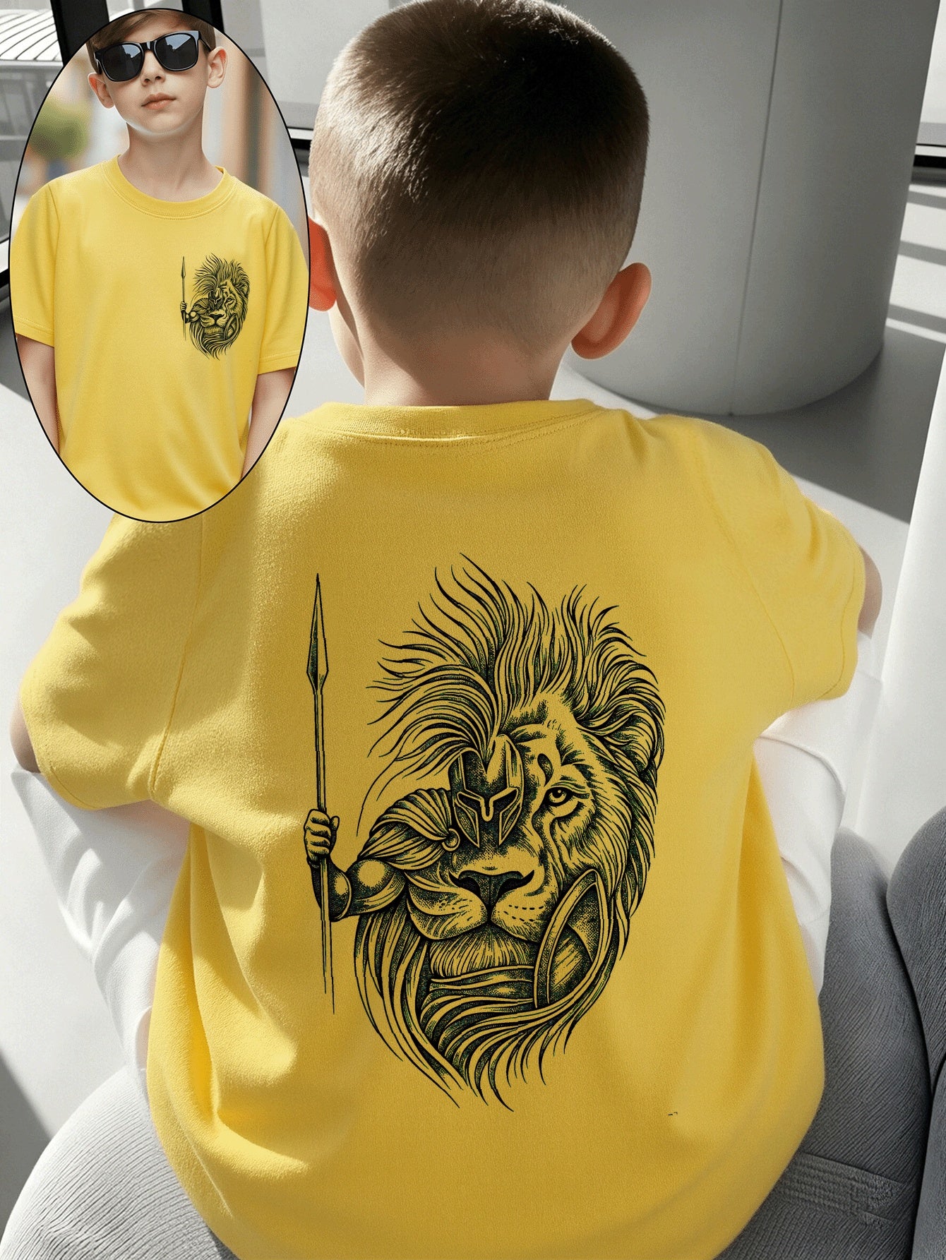 Boys' Cotton T-Shirt with Lion Warrior Print - Casual Summer Top