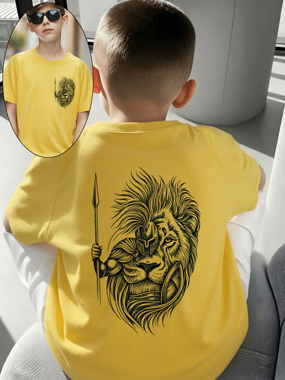 Boys' Cotton T-Shirt with Lion Warrior Print - Casual Summer Top