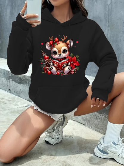 Women's Fashion Autumn/Winter Christmas Reindeer Print y Casual -Lined -Feel Hooded Sweatshirt