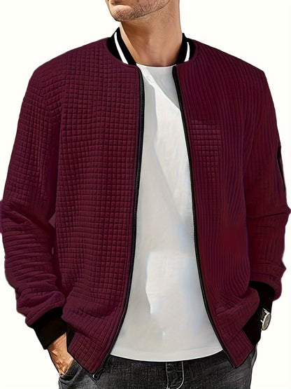 Men's Casual Bomber Jacket with Stand Collar - Polyester and Elastane Blend, Knit Fabric with Slight Stretch, Solid Color, Zipper Detail, Long Sleeve, Regular Fit