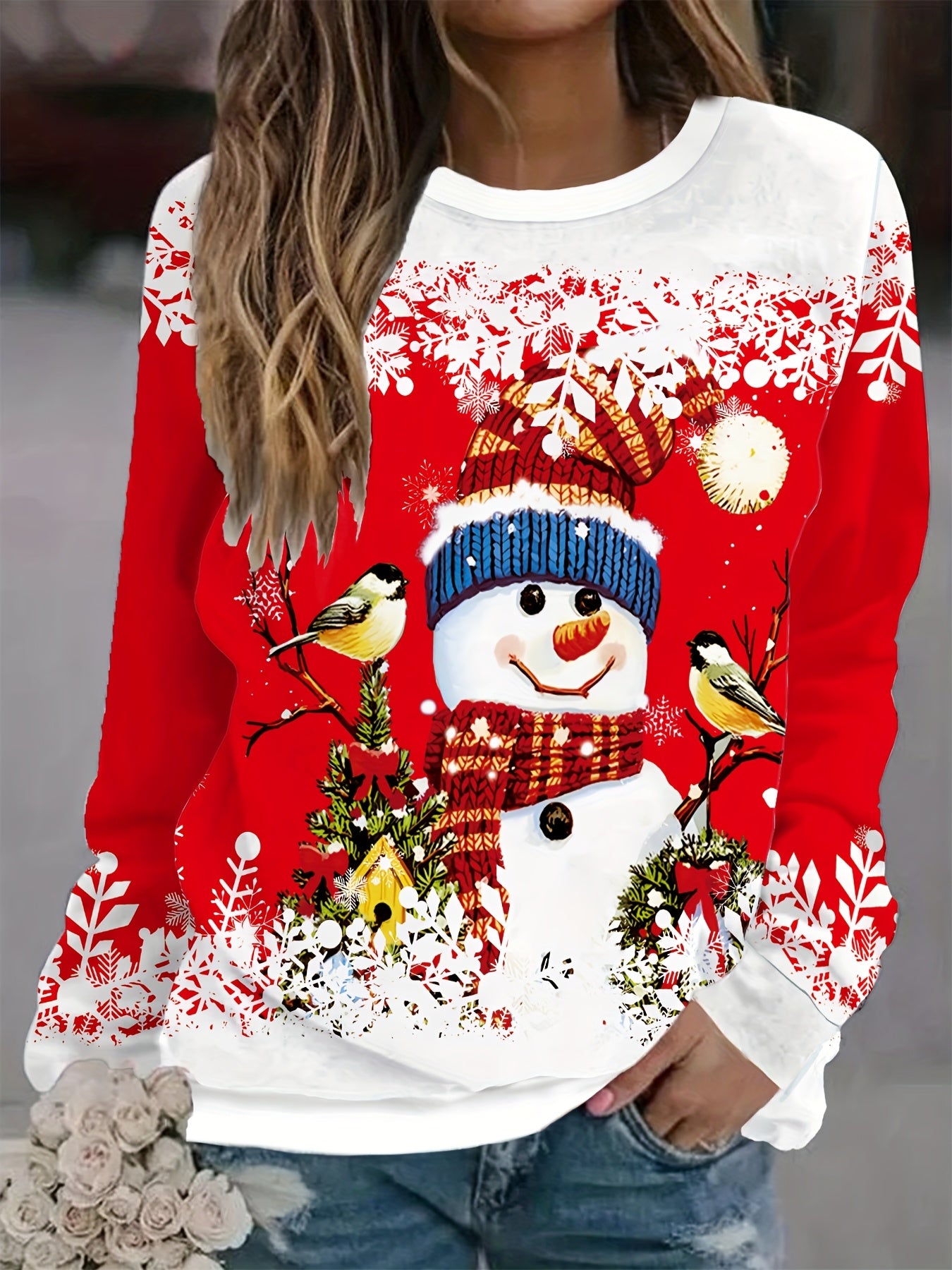 Women'S Red & Christmas Sweater - Long Sleeve Round Neck Winter Warmth with Snowman, Snowflakes & Poinsettia Print - All-Season Casual Pullover for Holiday