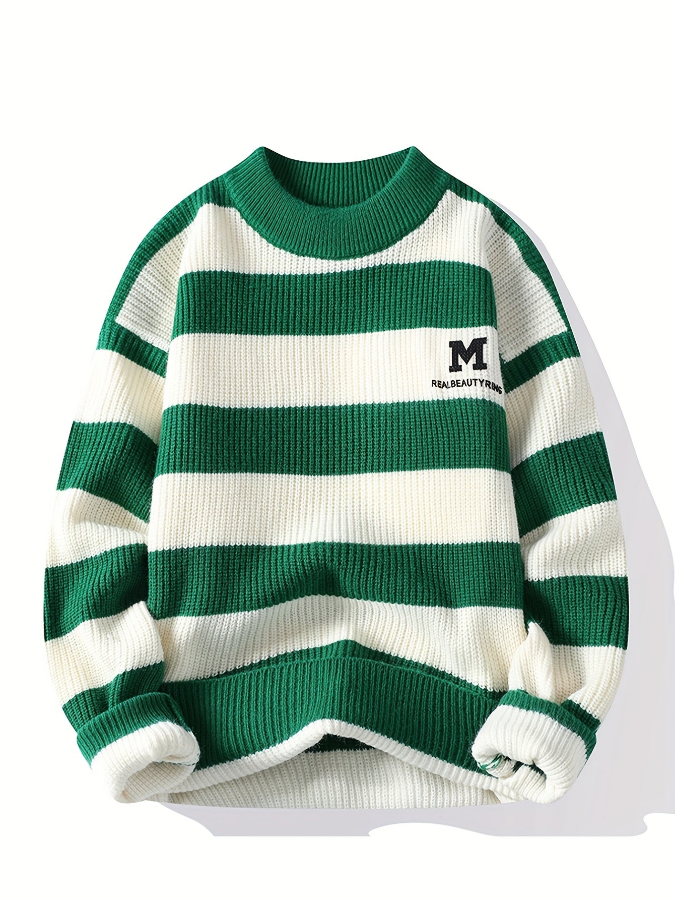 Men's 2025 Autumn/Winter Striped Sweater for Youth with Color Block Round Neck Casual Warm Knitwear