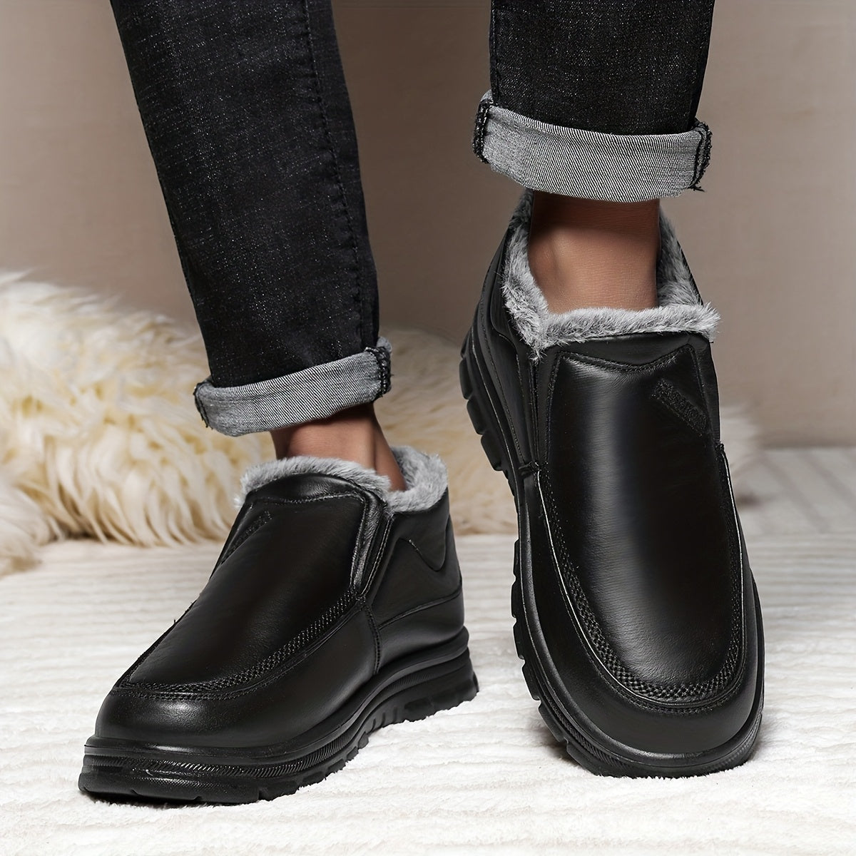 Men'S Slip-On Winter Snow Boots with Fleece & Arch Support - All-Season Cold Weather Hiking Shoes, Slip-Resistant Rubber Sole, Round Toe Design For Casual & Outdoor Wear, Hiking Boots