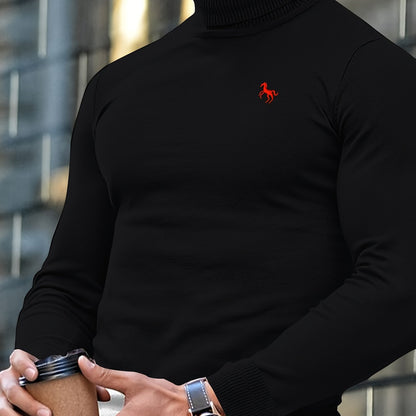 Men'S High-Neck Knitted Sweater | Slim Fit Pullover with Embroidered Spurs Design, Soft and Comfortable, Rayon Fabric, Fall/Winter Collection
