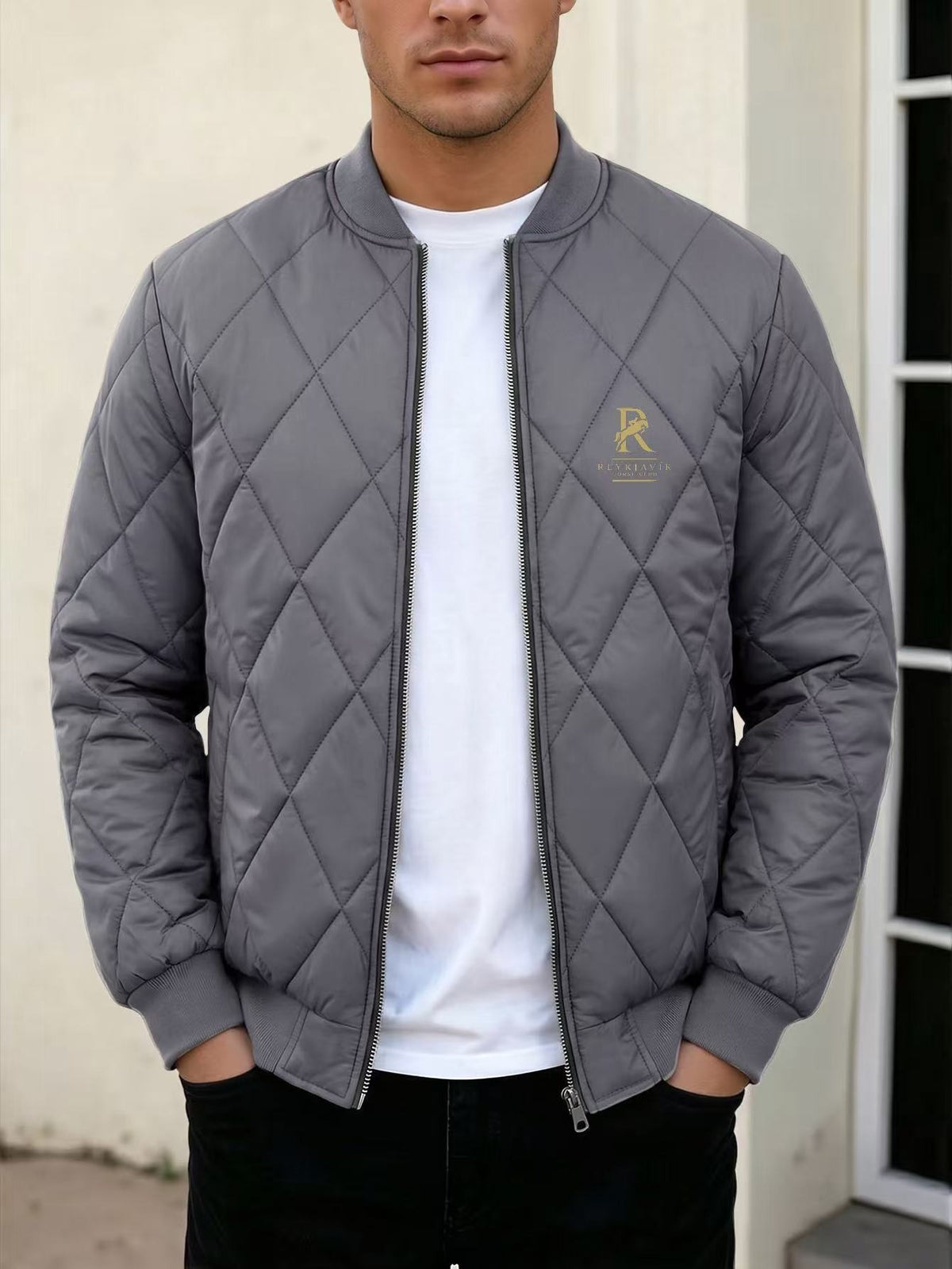Men's Black Quilted Casual Jacket with Stylish Letter Print