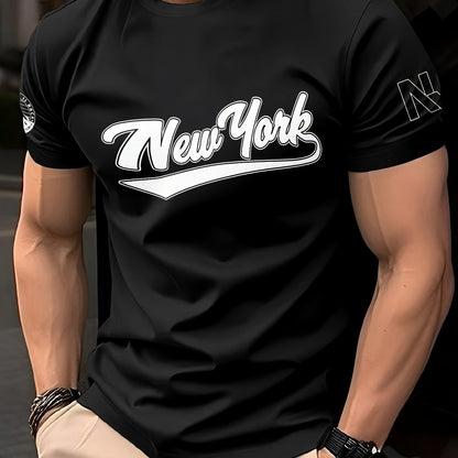 1pc Men's Summer Breathable Quick-Dry T-Shirt - 100% Polyester Moisture-Wicking, Casual Short Sleeve Round Neck Tee with New York Graphic Print for Outdoor Sports  Casual Attire