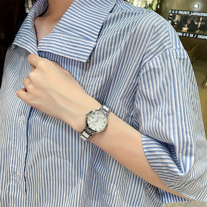 Elegant Women's Quartz Watch with Ceramic Band and Stainless Steel Cas