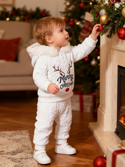 Cozy Boys' Christmas Hoodie & Pants Set with Antler Embroidery - Warm Fleece-Lined, Long Sleeve Outfit for Fall/Winter, Perfect for Outdoor
