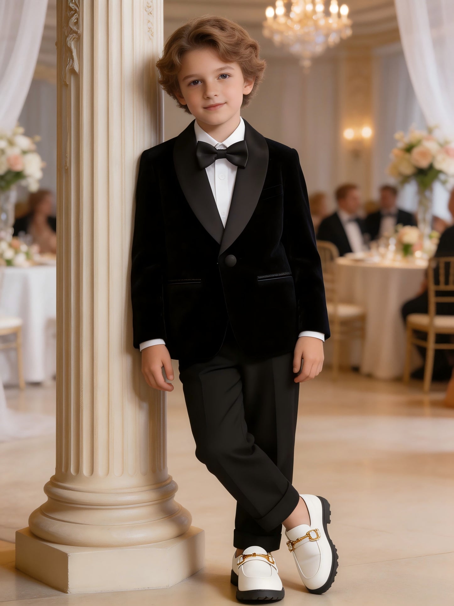 Boys Velvet Suit Set with Jacket, Trousers & Bow Tie - Formal Wear