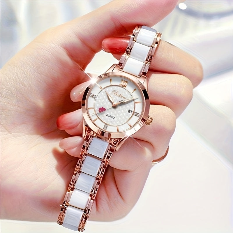 Elegant Women's Quartz Watch with Cupid Arrow & Ceramic Strap