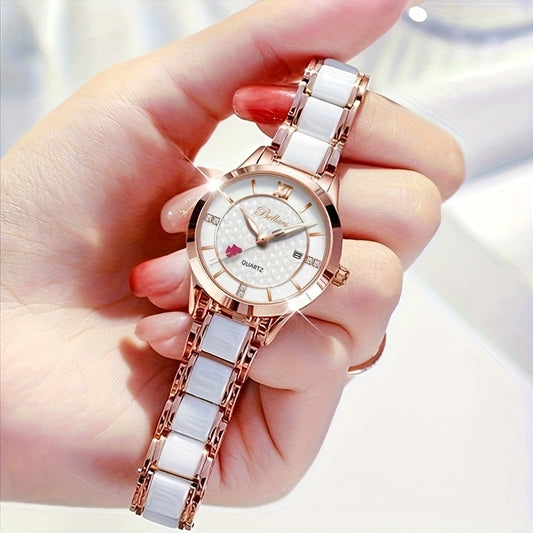 Elegant Women's Quartz Watch with Cupid Arrow & Ceramic Strap