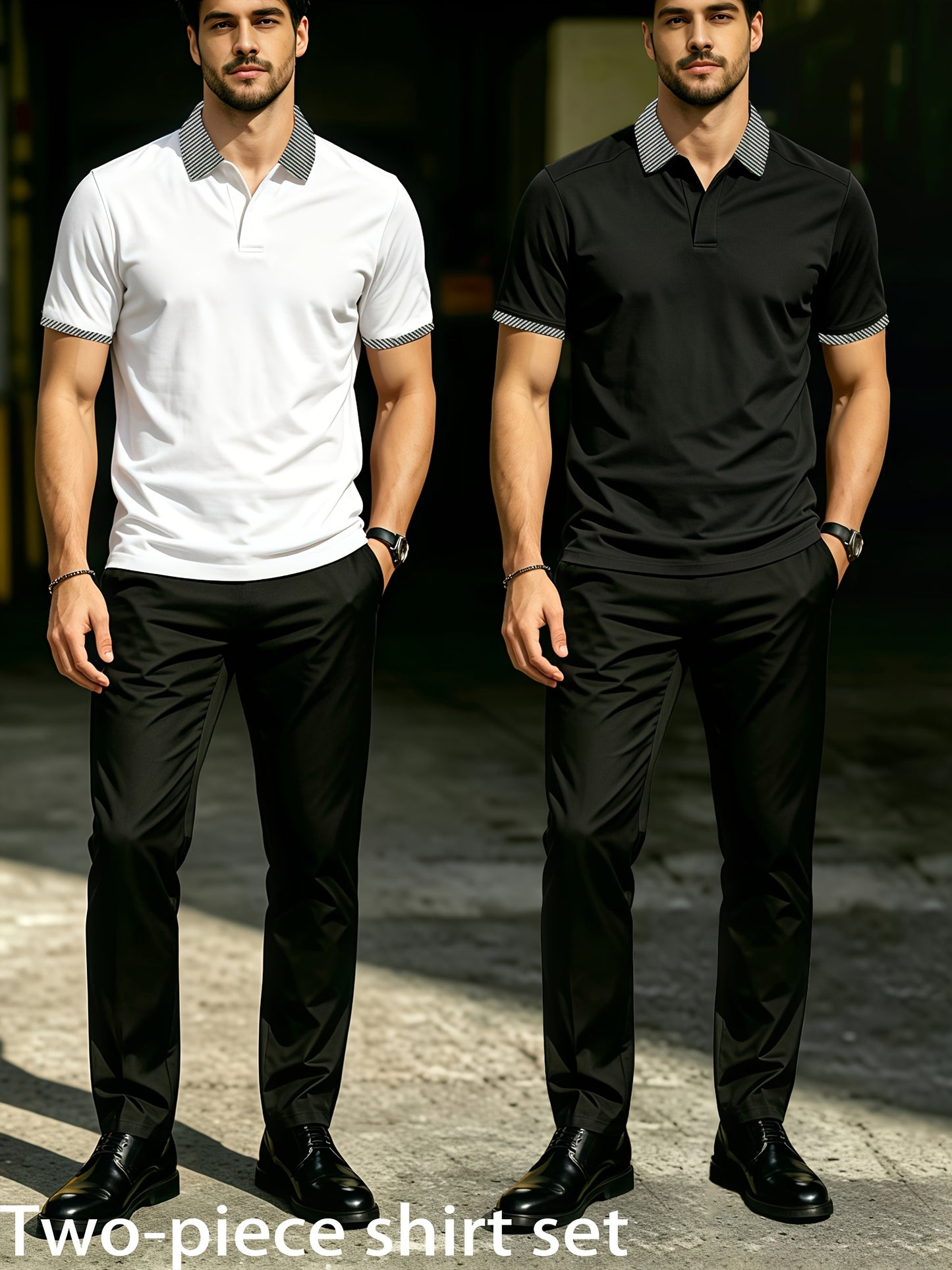 Men's Summer Plaid Collar Polo & Black Pants Casual Set