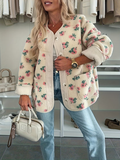 Women's Floral Print V-Neck Button-Front Coat with Pockets - Oversized H-Line Silhouette, Machine Washable Winter Jacket in Pink & Green, Casual to Semi-Formal Outerwear for Fall/Winter