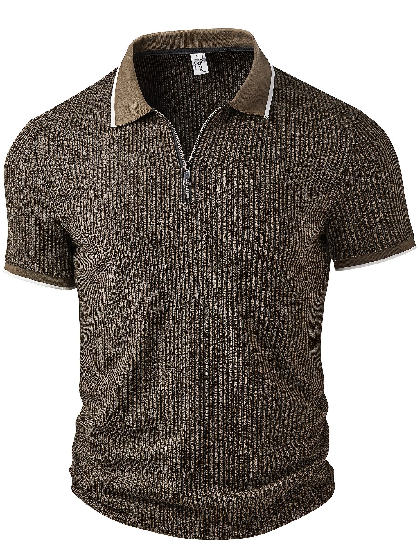 Men's Fashion Shirt, Spring/Summer Outdoor Casual Textured Ribbed Fabric, Contrast Color Ribbed Patchwork Zipper Design Collar Short Sleeve Men's Shirt - ayq