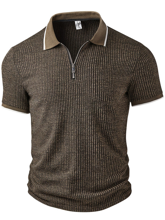 Men's Fashion Shirt, Spring/Summer Outdoor Casual Textured Ribbed Fabric, Contrast Color Ribbed Patchwork Zipper Design Collar Short Sleeve Men's Shirt - ayq