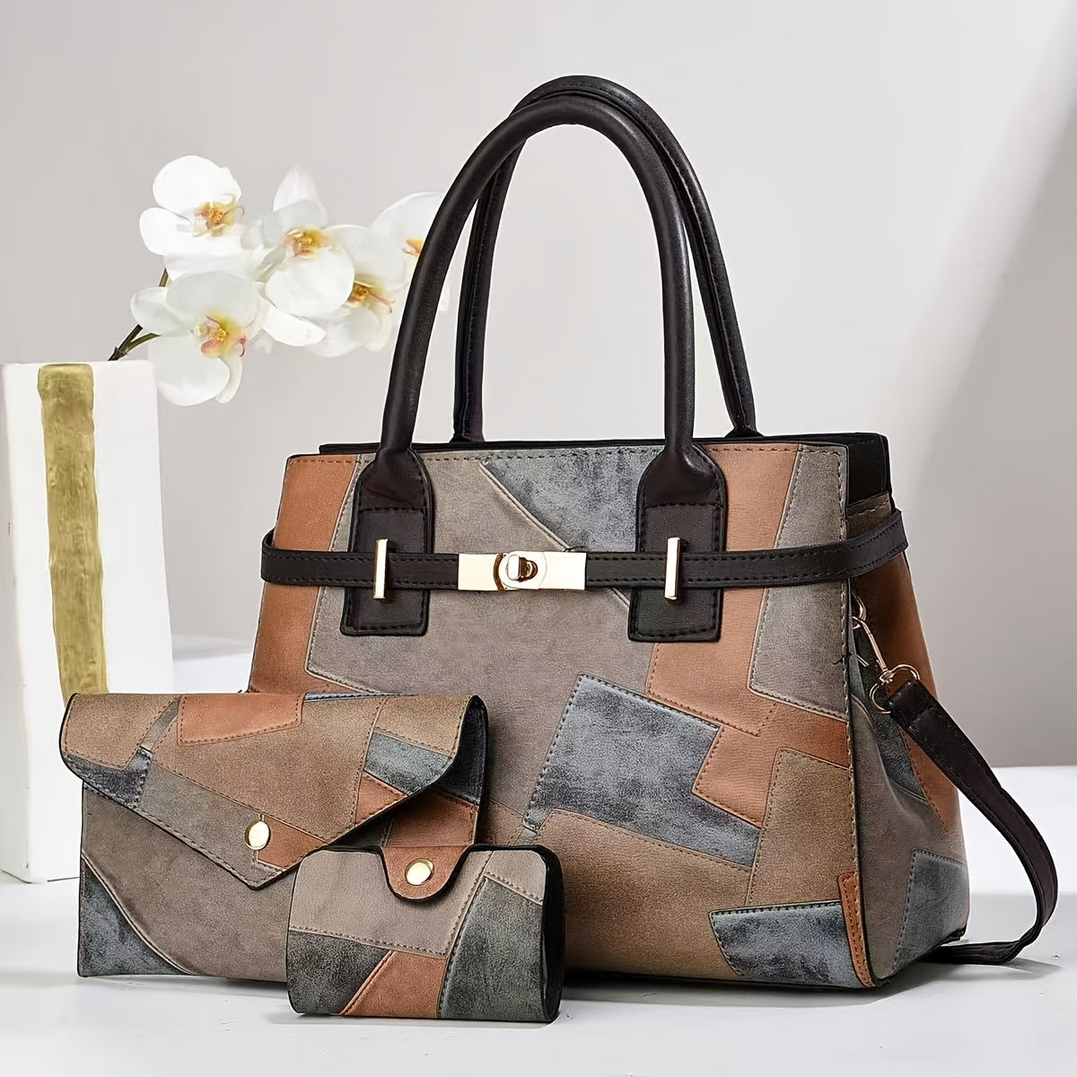 3-Piece Women's Faux Leather Handbag Set with Adjustable Strap