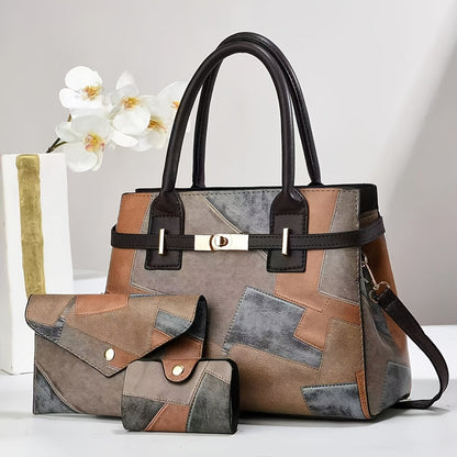3-Piece Women's Faux Leather Handbag Set with Adjustable Strap