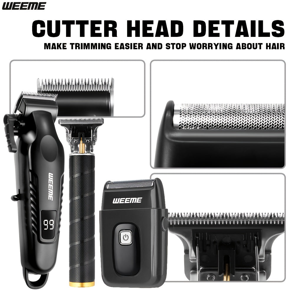 WEEME 2pcs/3pcs Men's grooming suit Multi-function electric hair clipper shaver trimmer alloy steel head three-gear adjustment USB fast charging LCD power display household travel car must-have gift for husband, boyfriend and
