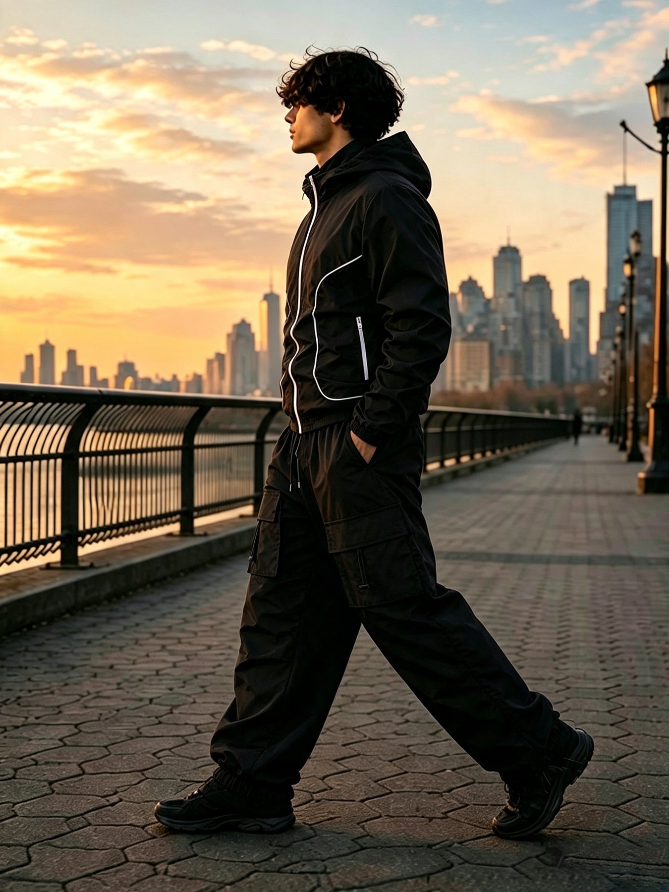Men's Hooded Windproof Jacket & Cargo Pants Sportswear Set