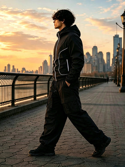 Men's Hooded Windproof Jacket & Cargo Pants Sportswear Set