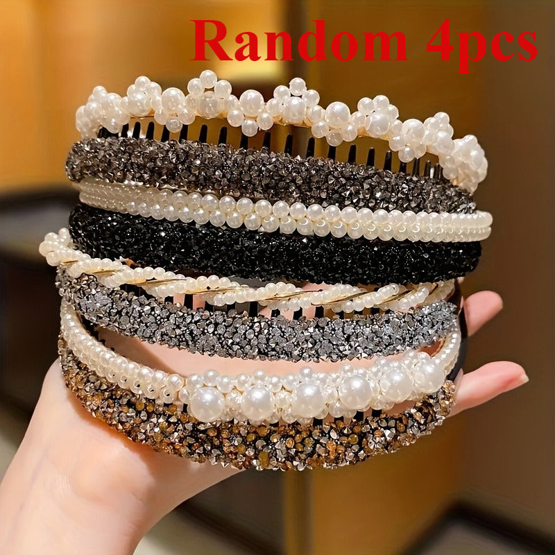 Boho Pearl & Rhinestone Headbands - Set of 4 or 6 for Women