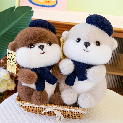 Cute Beret Beaver Plush Toy | Soft Stuffed Animal Doll with Scarf, Adorable Beaver Plushie Birthday Gift for Girls and Children, Polyester Fiber, and Dark Brown