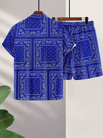 Men's Paisley Print Short Sleeve Shorts Single Button Shirt Suit with Elastic Cord and Pockets
