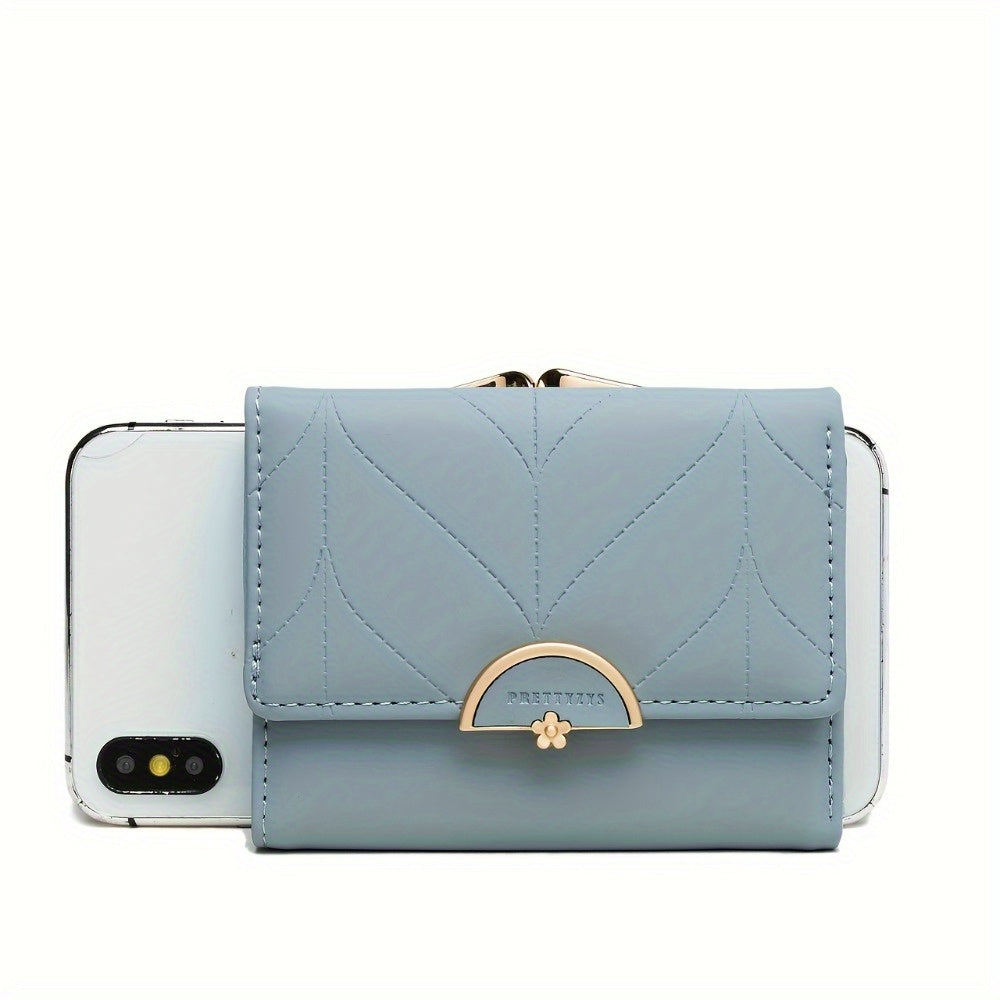 Compact Trifold Wallet for Women in Mint Green Featuring a Golden Clasp And Zippered Coin Compartment, Adorned with a Floral Pattern And Designed for Multiple Card Storage