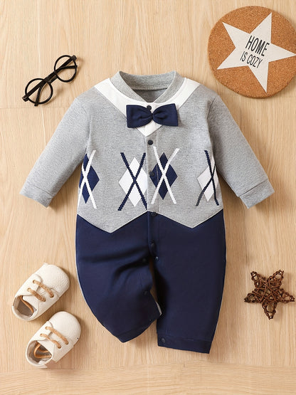 Plaid Cotton Baby Boy Jumpsuit with Bow, Spring Fall Casual
