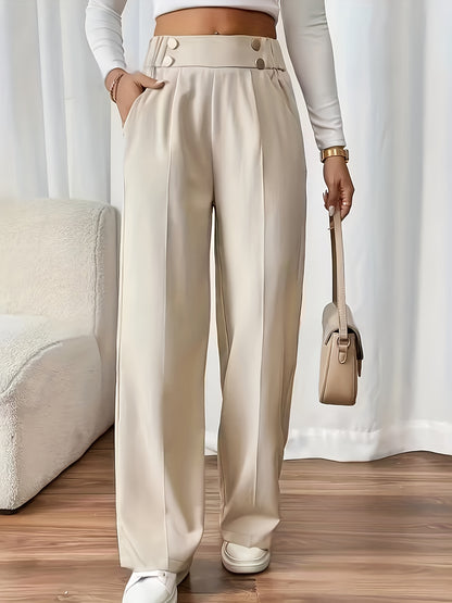 Women's Elegant Button-Waist Straight Leg Polyester Trousers