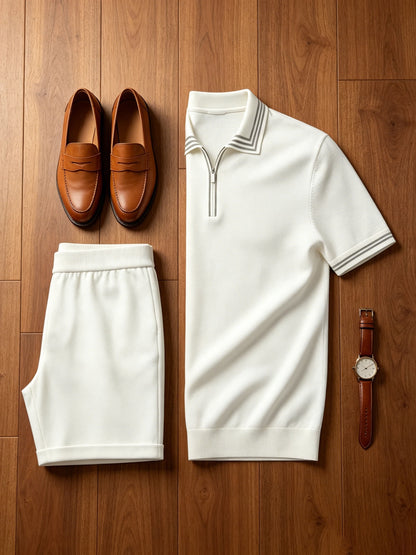 Men's Casual Striped Knit Polo & Lightweight Shorts Set