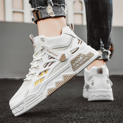 Men's High Top Fashion Sneakers Graphic Print Lace-Up Casual Skateboard Shoes with Round Toe, PU  Mesh Upper, Fabric Lining, and Rubber Sole